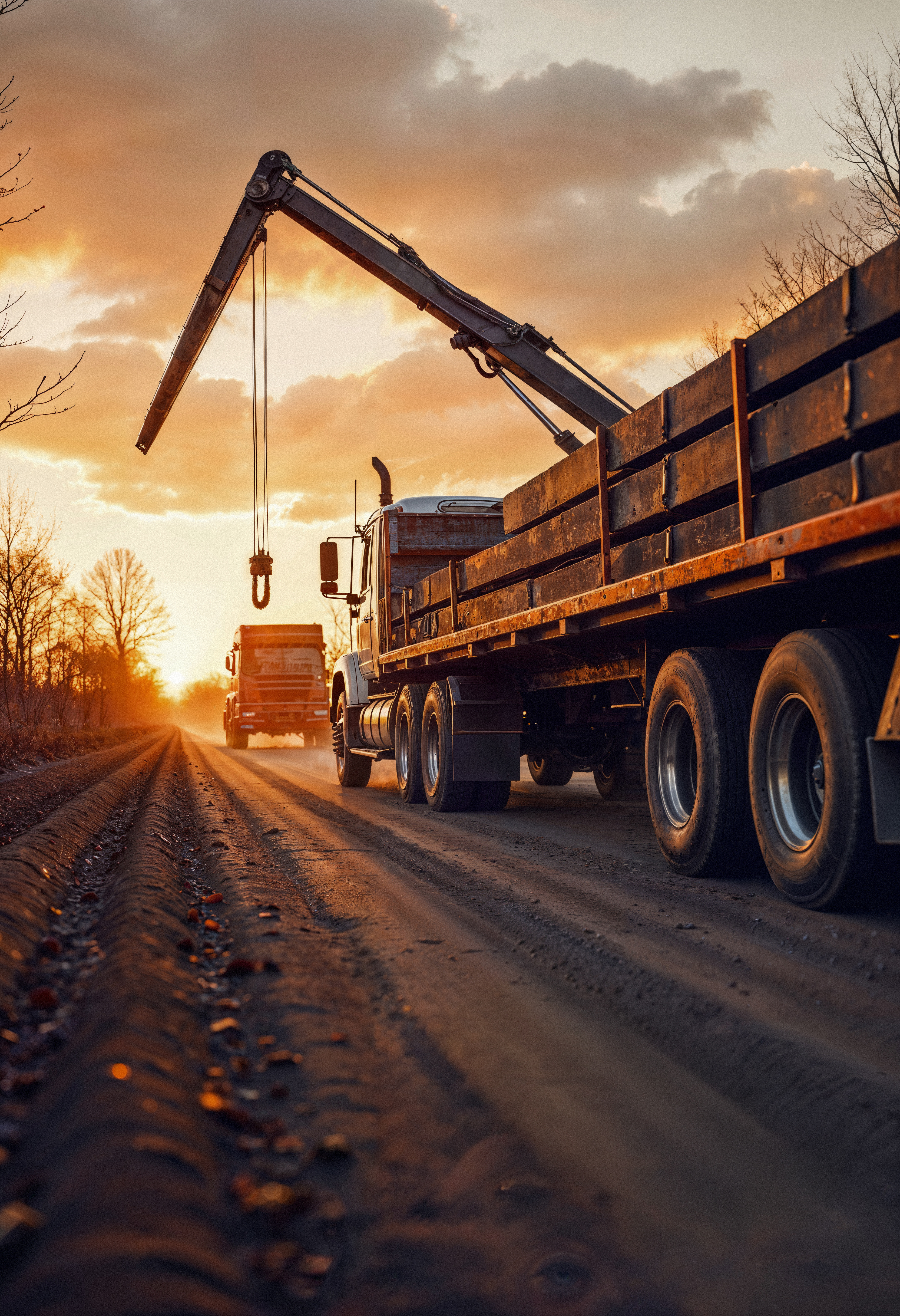 camion-con-grua-en-una-carretera-al-atardecer